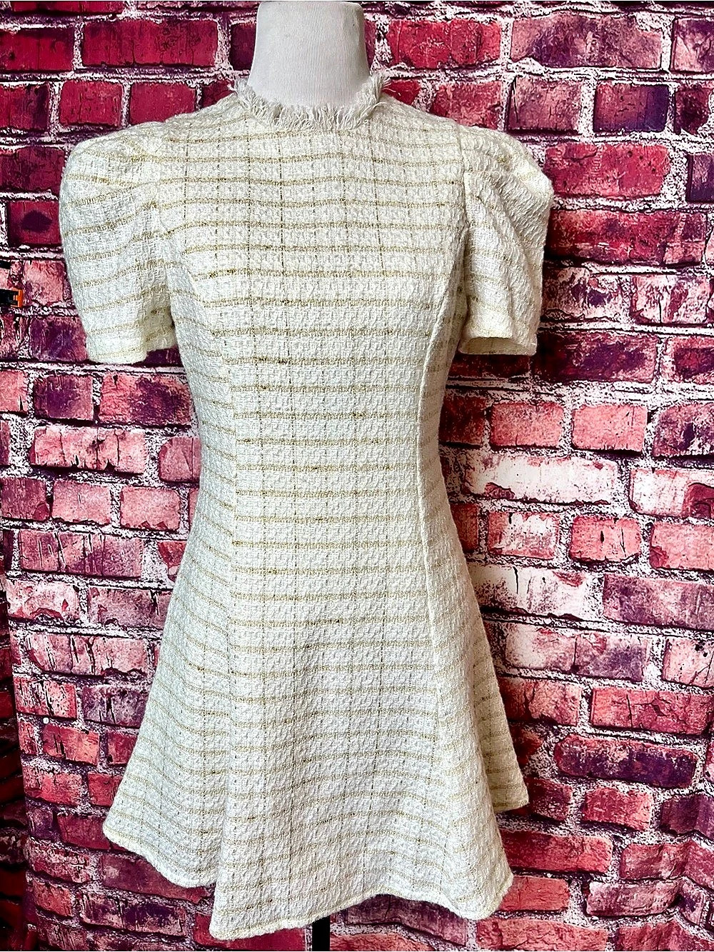 AQUA Cream Gold Metallic Plaid Tweed Puff Sleeve Fringed Mini Dress Size XS